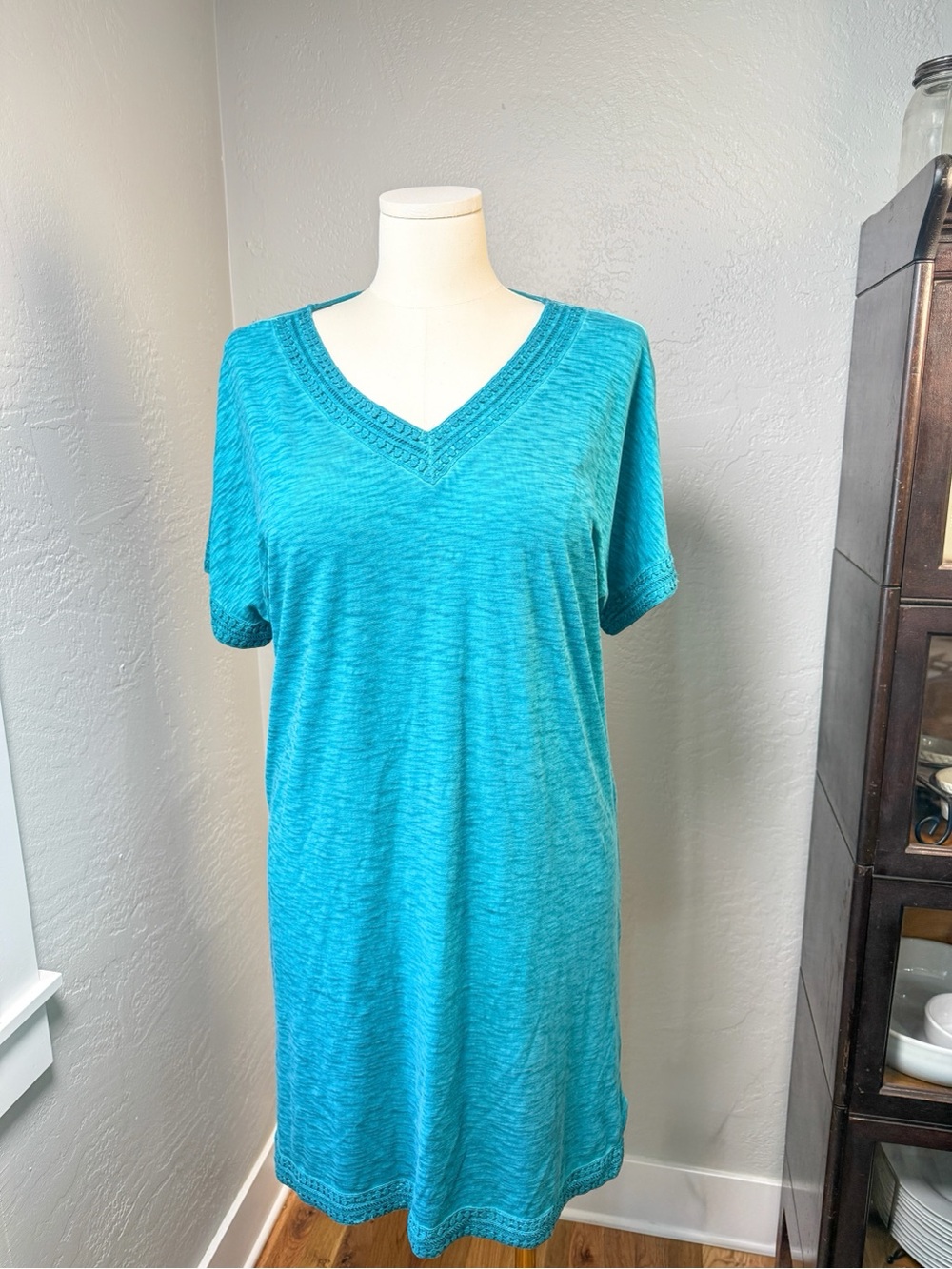 Chico’s Teal Slub Knit Tunic Dress V-Neck 100% Cotton Size 3 (XL)